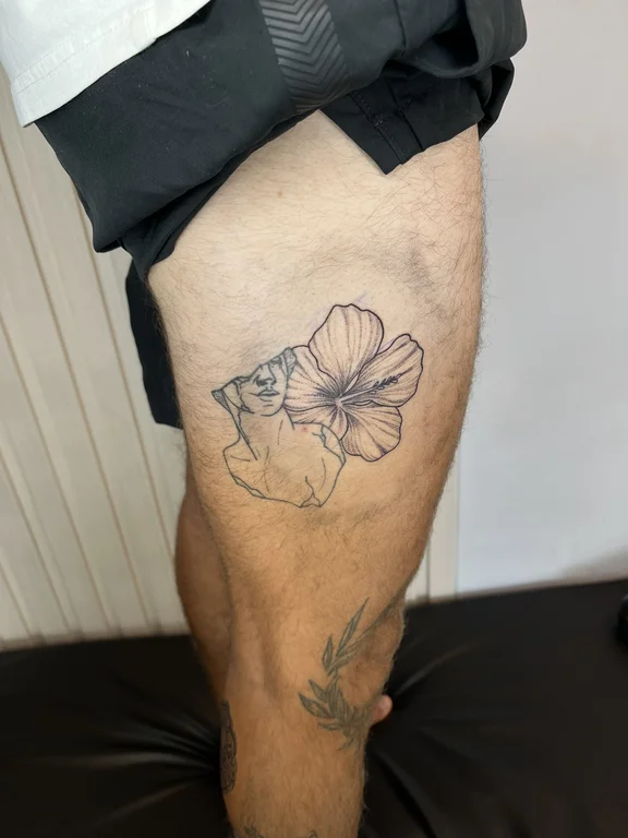 floral linework peony soft shading elegant fine line dotwork minimal tattoo Canggu Bali