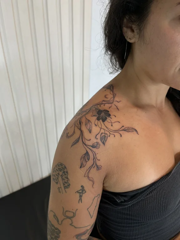 floral linework woman dotwork elegant cloud flower moon tattoo Canggu Bali