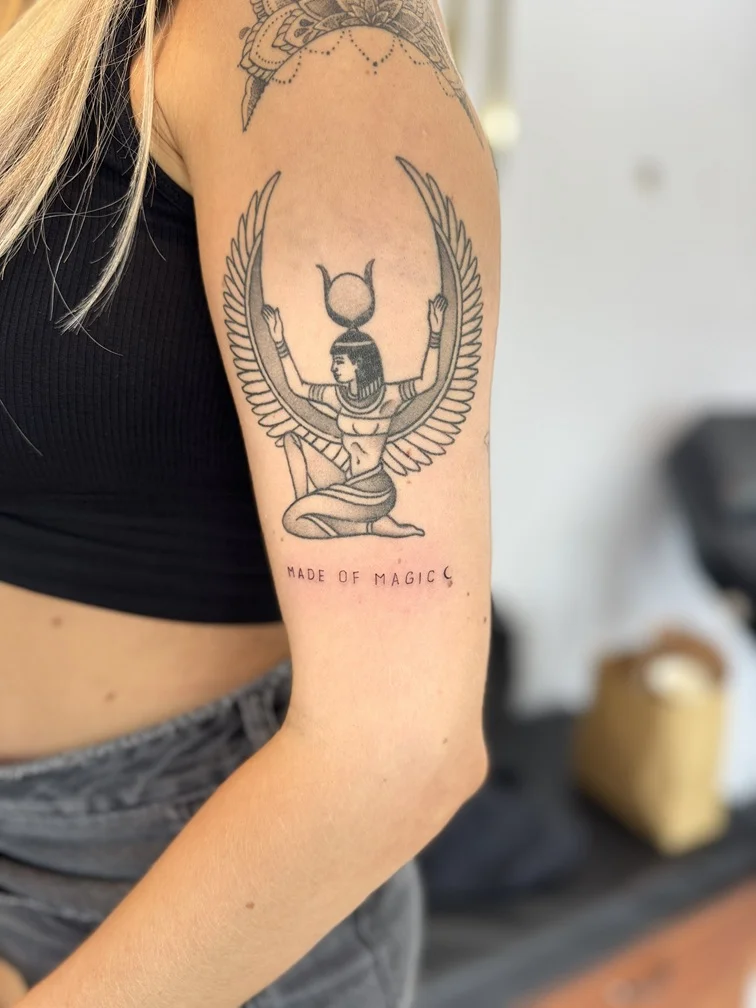 woman hand mythology egypt cleopatra line work fine line shading black grey tattoo canggu bali