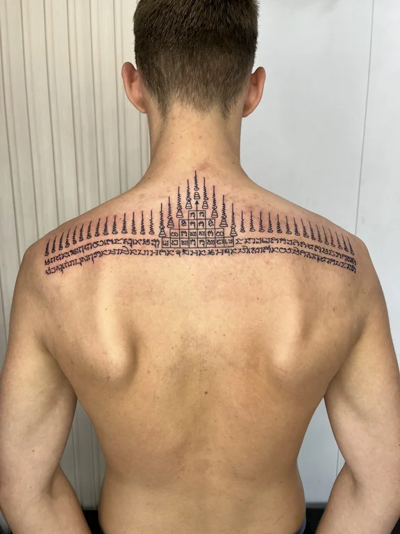 geometric blackwork deity thin line spiritual dotwork fine line bold line tattoo Canggu Bali