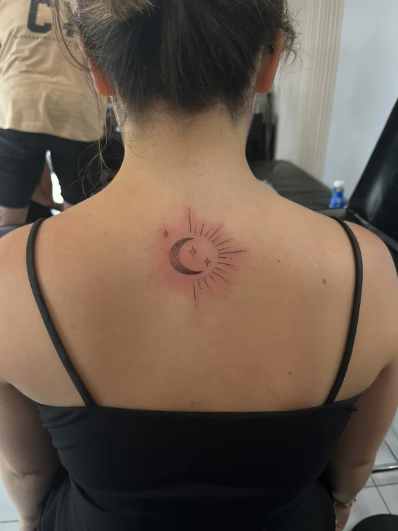 symbol minimalist eye fine line moon sun minimal soft shading tattoo Canggu Bali