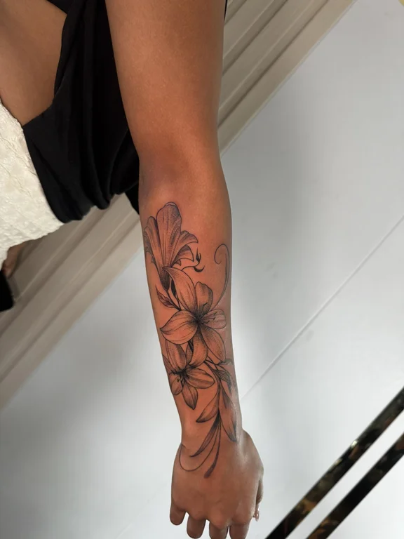 floral neo traditional peony soft shading elegant linework fine line black grey tattoo Canggu Bali