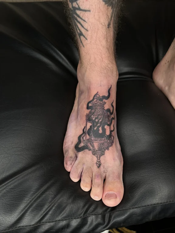 mythology neo traditional demon black grey fire dragon heavy shading hand tattoo Canggu Bali
