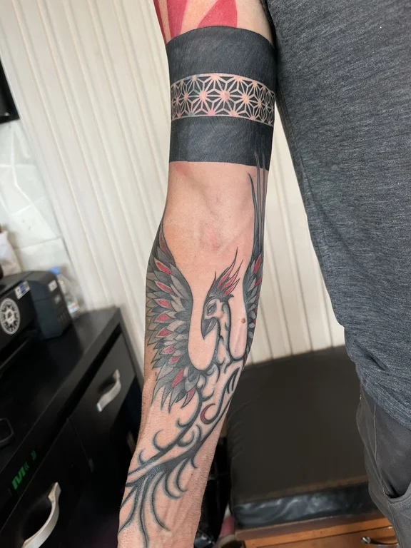 mythology neo traditional phoenix black grey elegant linework heavy shading soft shading tattoo Canggu Bali