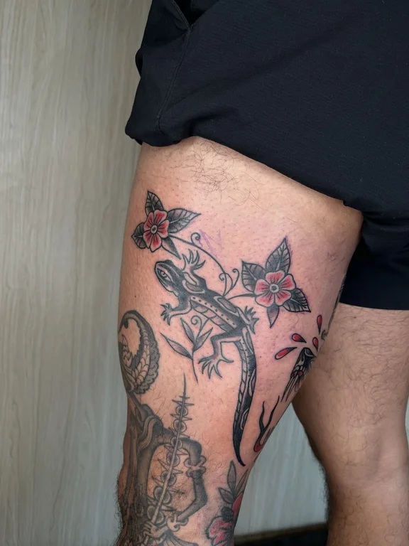 nature neo traditional koi linework elegant black grey mystical flower tattoo Canggu Bali
