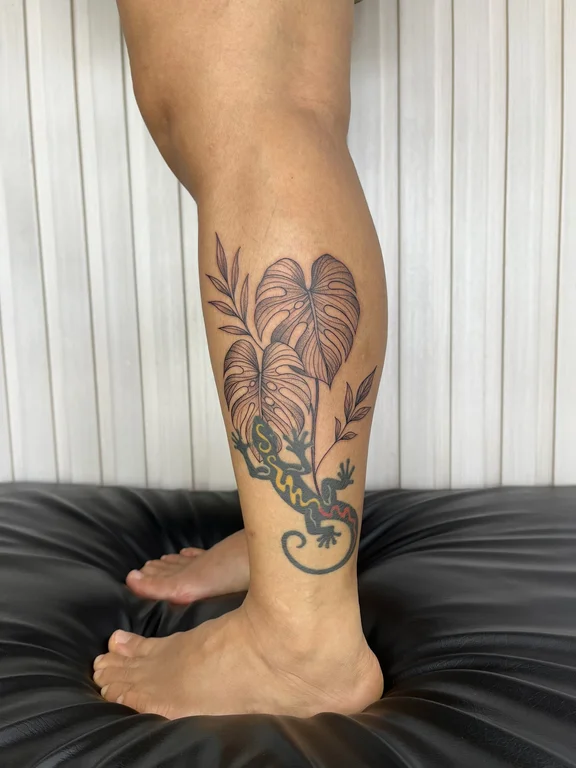 nature neo traditional snake linework leaf soft shading elegant wave tattoo Canggu Bali