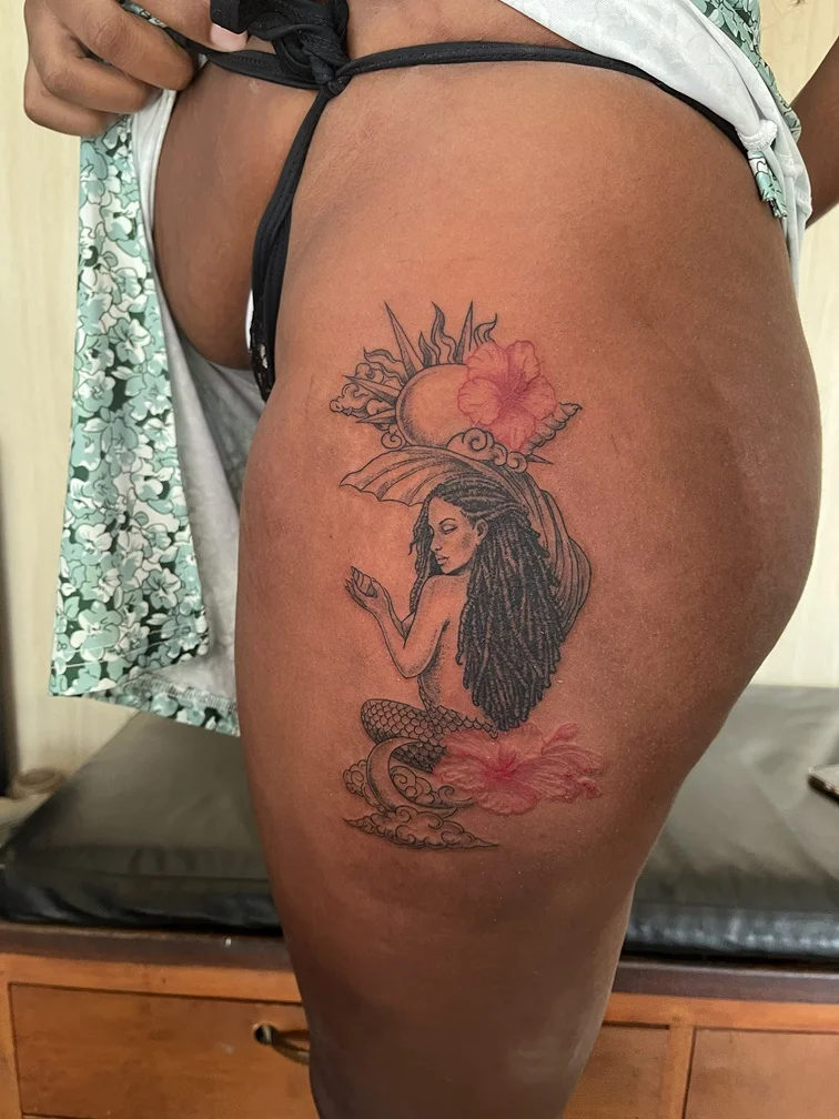 traditional mermaid woman black grey red shading line tattoo sun foot tattoo canggu bali