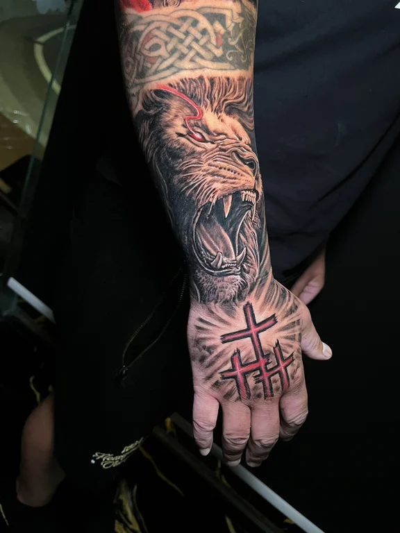religious neo traditional hand heavy shading fire tiger lion black grey tattoo Canggu Bali