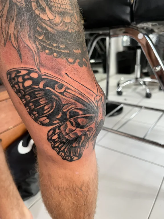 abstract new school butterfly black grey elegant heavy shading dotwork linework tattoo Canggu Bali