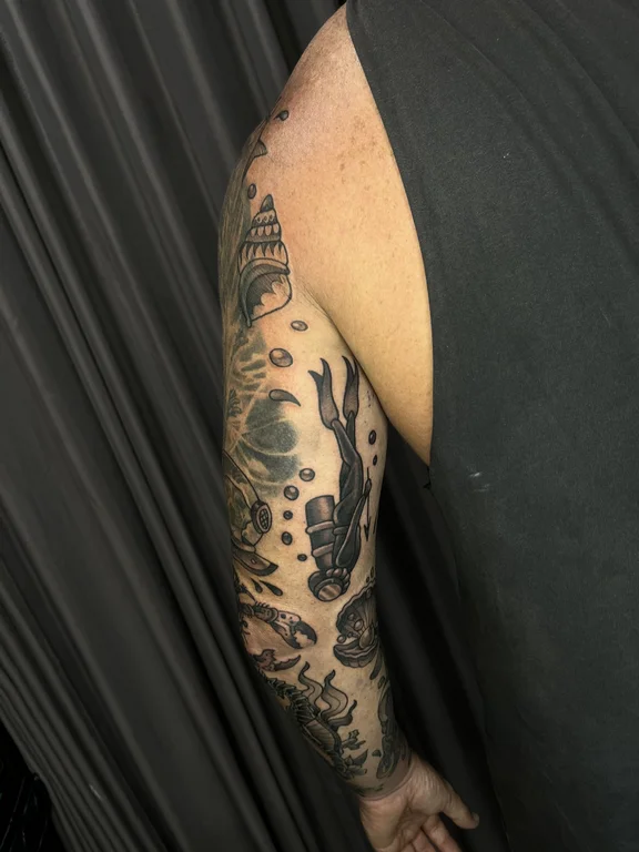 abstract new school deity black grey elegant heavy shading dark spiritual tattoo Canggu Bali