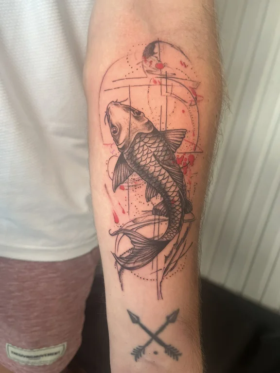 abstract new school koi linework elegant black grey fine line dotwork tattoo Canggu Bali