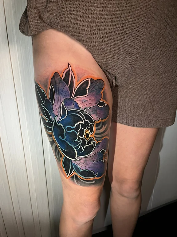 abstract new school lotus colorful leaf linework peony koi tattoo Canggu Bali