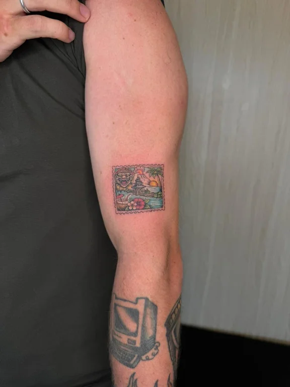 abstract new school man colorful cloud fire wave linework tattoo Canggu Bali