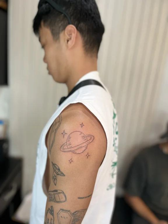 abstract new school man fine line cloud linework bold line wave tattoo Canggu Bali