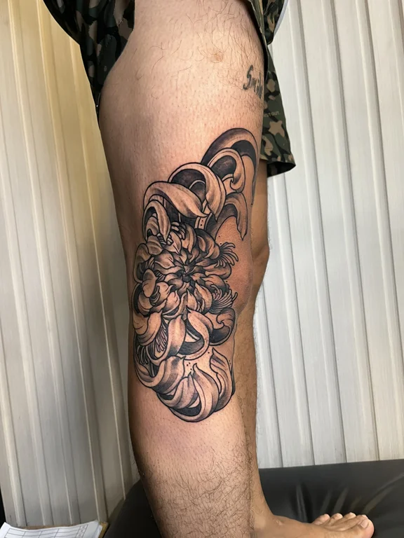 floral new school peony black grey elegant linework dotwork heavy shading tattoo Canggu Bali