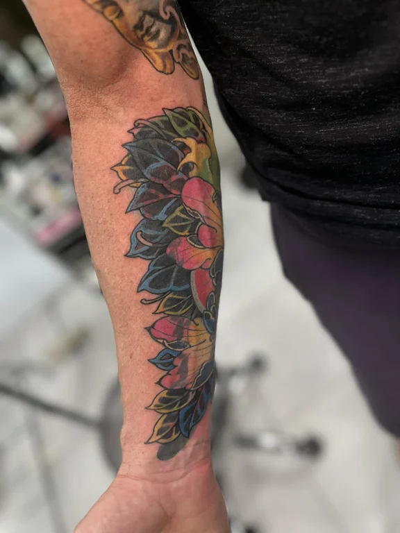 floral new school peony colorful leaf linework dotwork heavy shading tattoo Canggu Bali