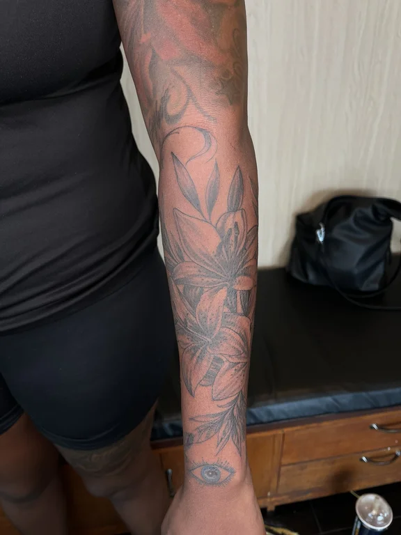 floral new school peony linework elegant black grey heavy shading soft shading tattoo Canggu Bali