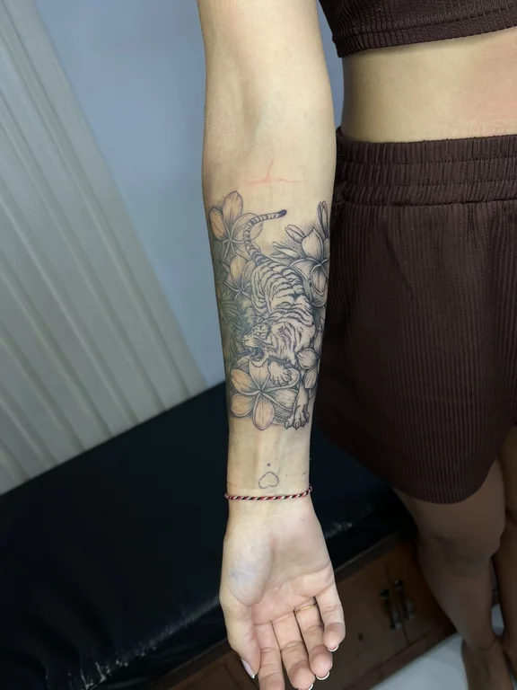 floral new school peony soft shading elegant linework dotwork black grey tattoo Canggu Bali