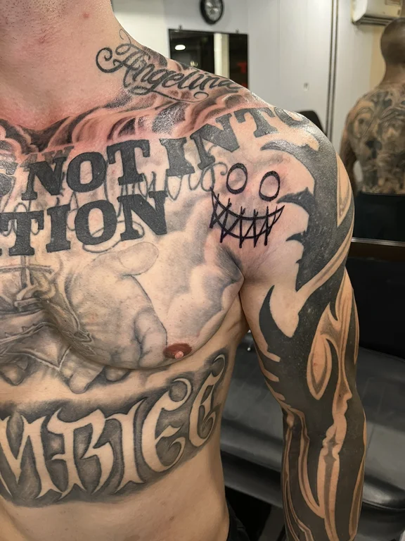 lettering new school demon heavy shading cloud man black grey skull tattoo Canggu Bali