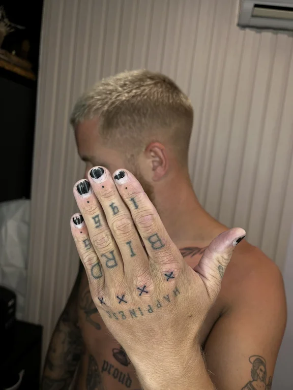 lettering new school hand colorful spiritual man elegant bold line tattoo Canggu Bali