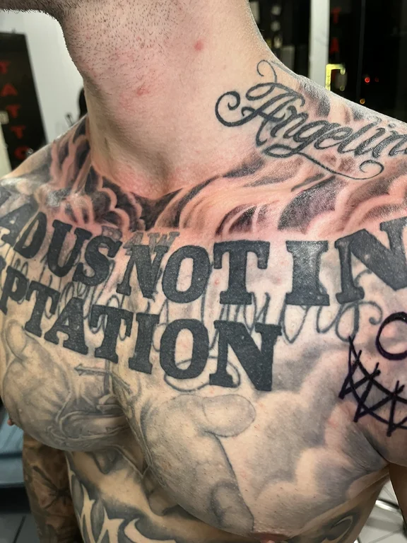 lettering new school man soft shading cloud heavy shading black grey bold line tattoo Canggu Bali
