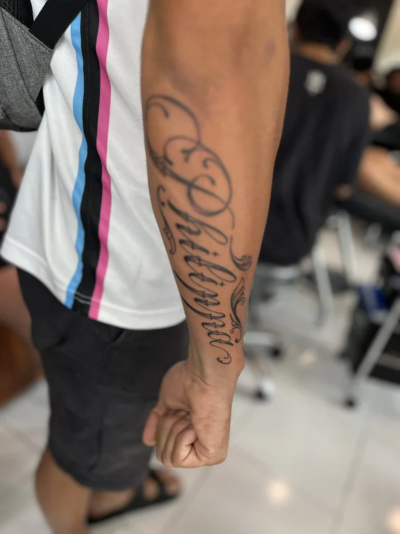 lettering new school man soft shading wave bold line black grey cloud tattoo Canggu Bali