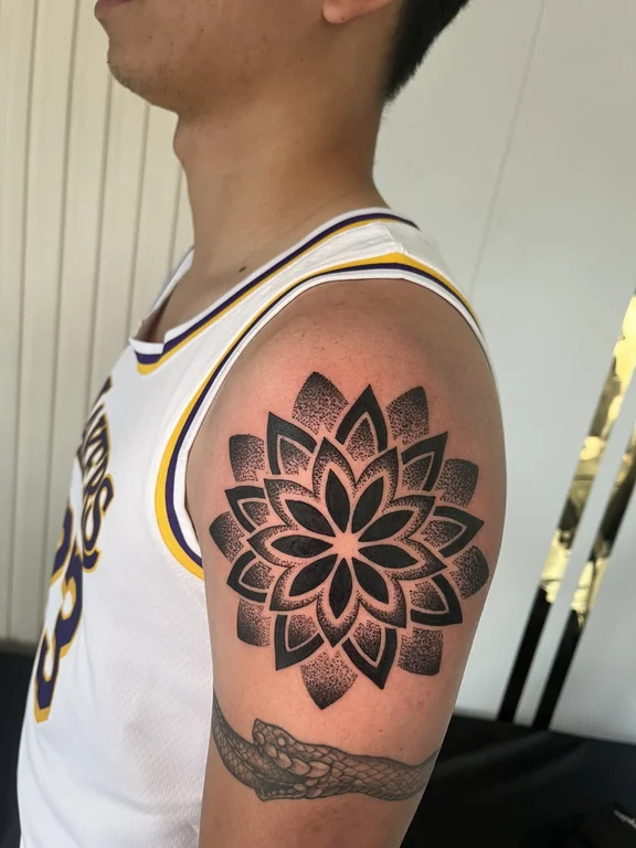 mandala new school lotus dotwork spiritual sun colorful linework tattoo Canggu Bali