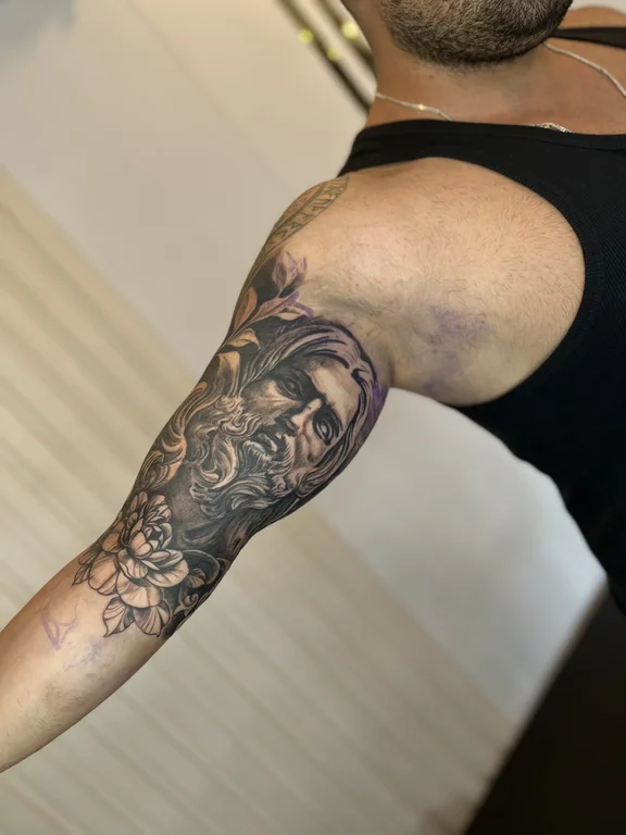 mythology new school deity heavy shading cloud black grey woman soft shading tattoo Canggu Bali
