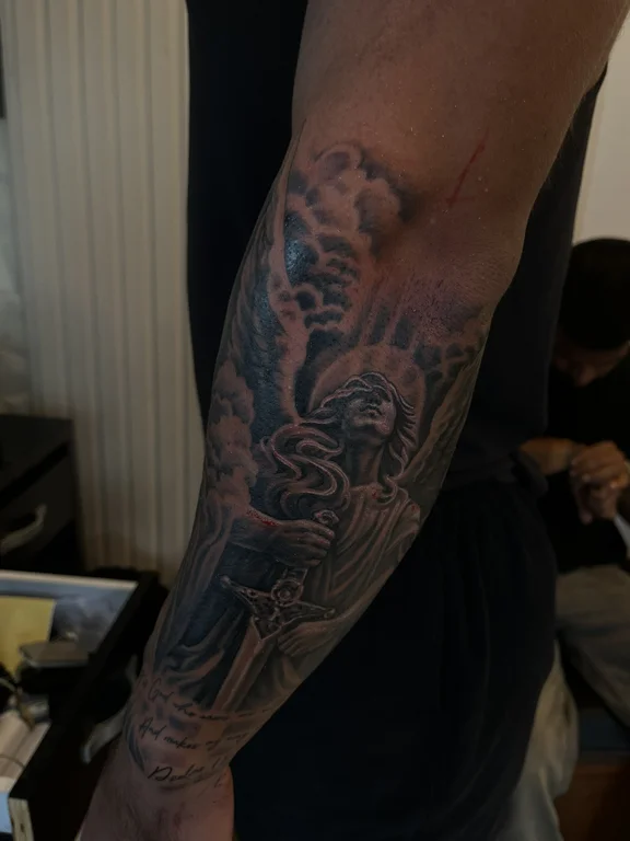 mythology new school demon black grey cloud smoke fire heavy shading tattoo Canggu Bali