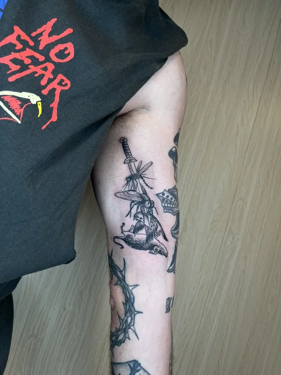mythology new school demon linework cloud black grey heavy shading man tattoo Canggu Bali