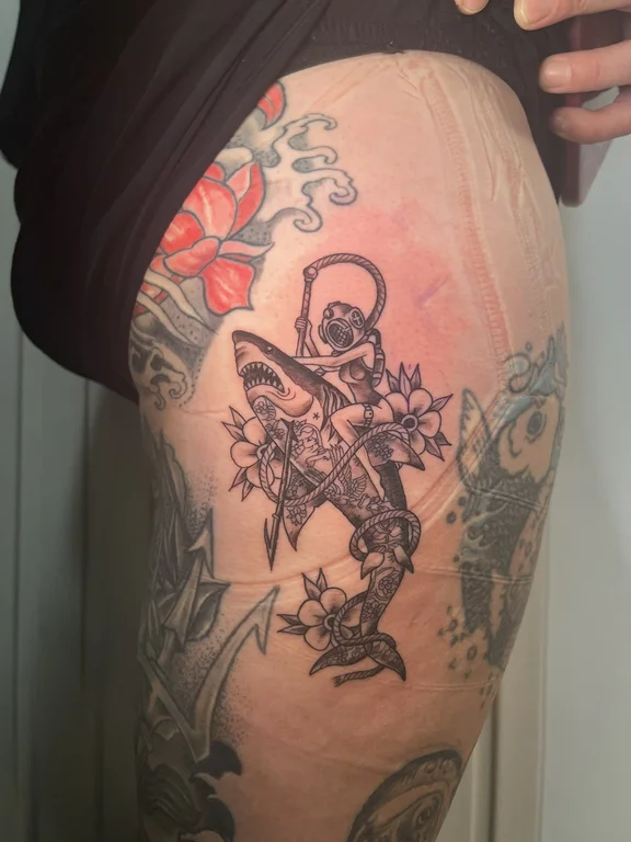 mythology new school demon linework horror woman man heavy shading tattoo Canggu Bali