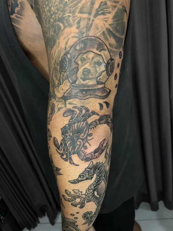 mythology new school dragon heavy shading cloud black grey deity mystical tattoo Canggu Bali