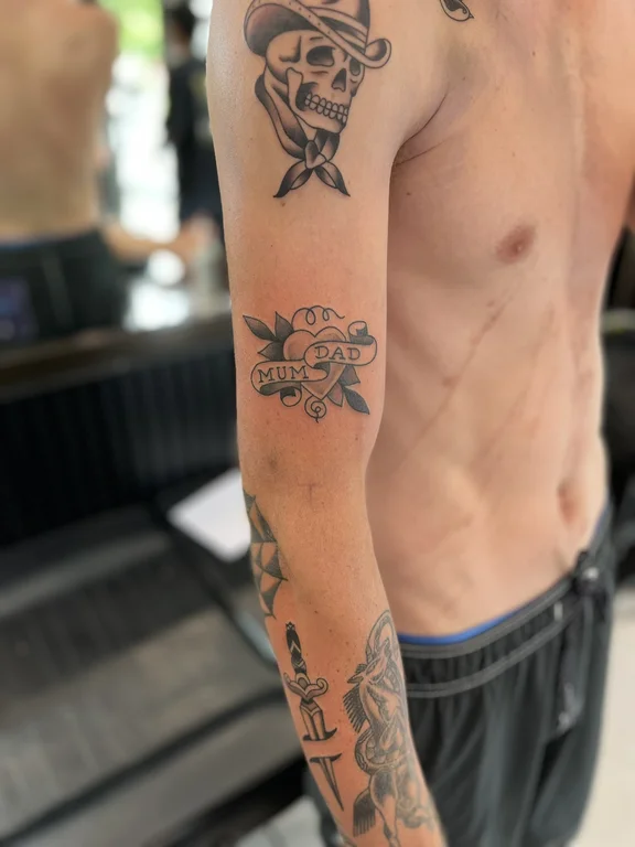 mythology new school man black grey elegant cloud linework soft shading tattoo Canggu Bali
