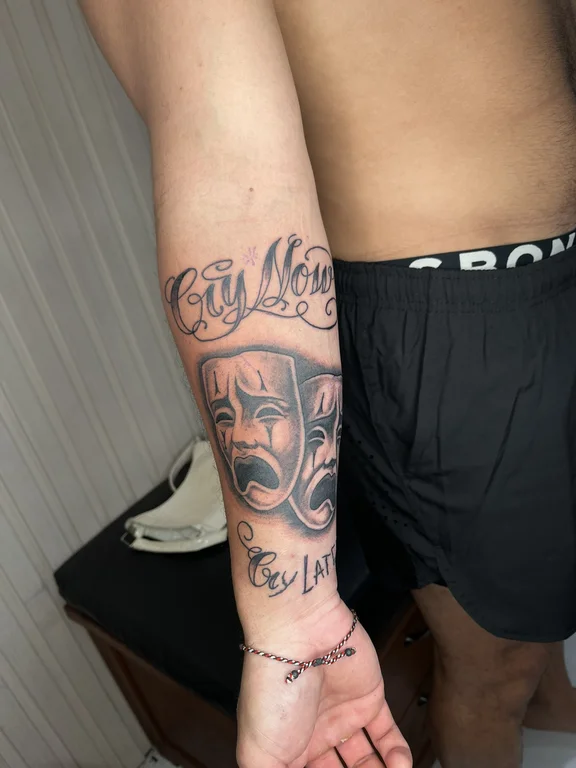mythology new school mask black grey cloud man heavy shading soft shading tattoo Canggu Bali
