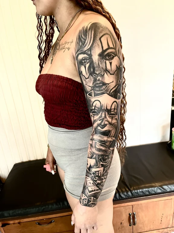 mythology new school woman heavy shading cloud linework black grey deity tattoo Canggu Bali