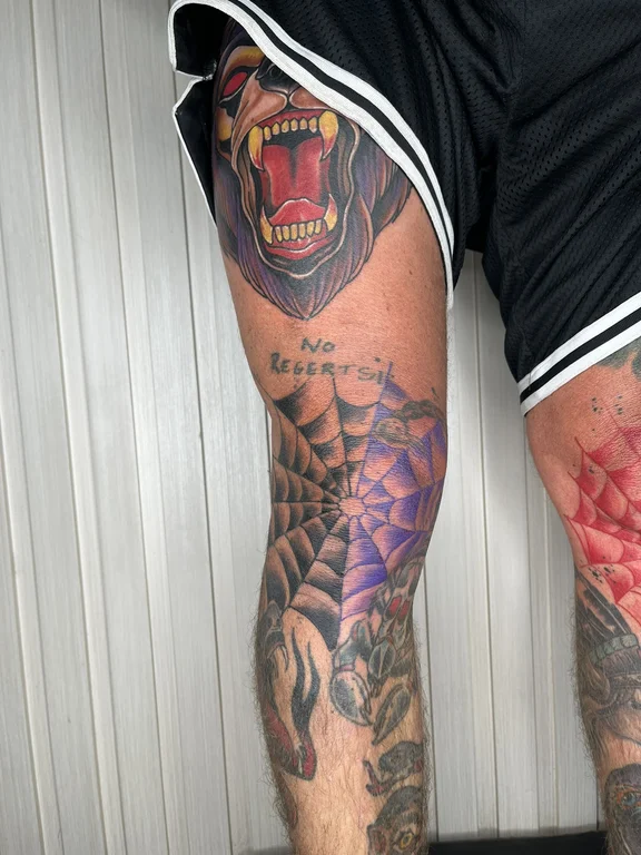 portrait new school demon colorful fire smoke heavy shading black grey tattoo Canggu Bali