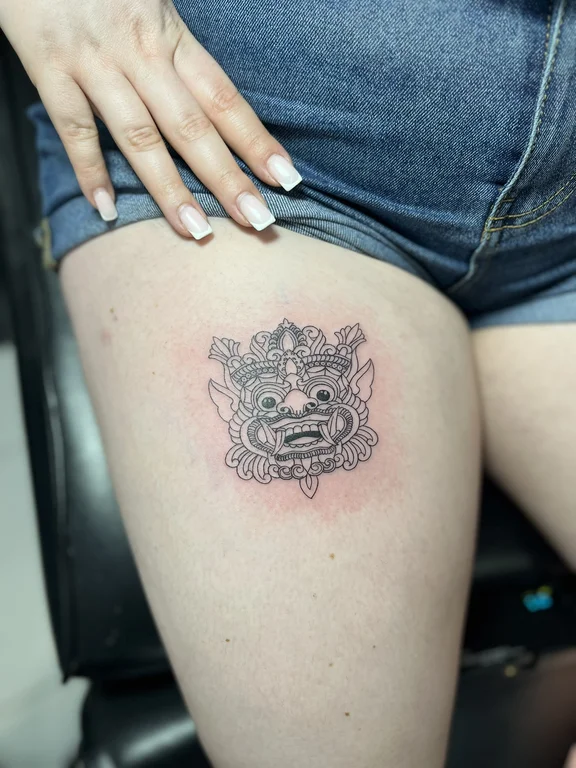 portrait new school face dotwork cloud linework mask deity tattoo Canggu Bali