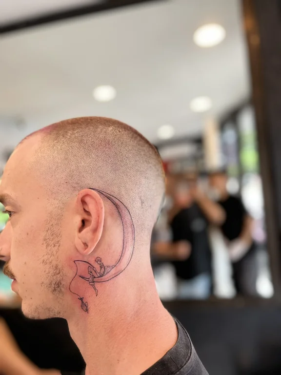 portrait new school face fine line moon linework bold line heavy shading tattoo Canggu Bali