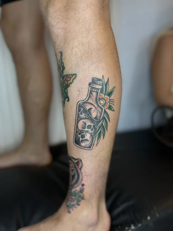 portrait new school man heavy shading smoke black grey mask linework tattoo Canggu Bali