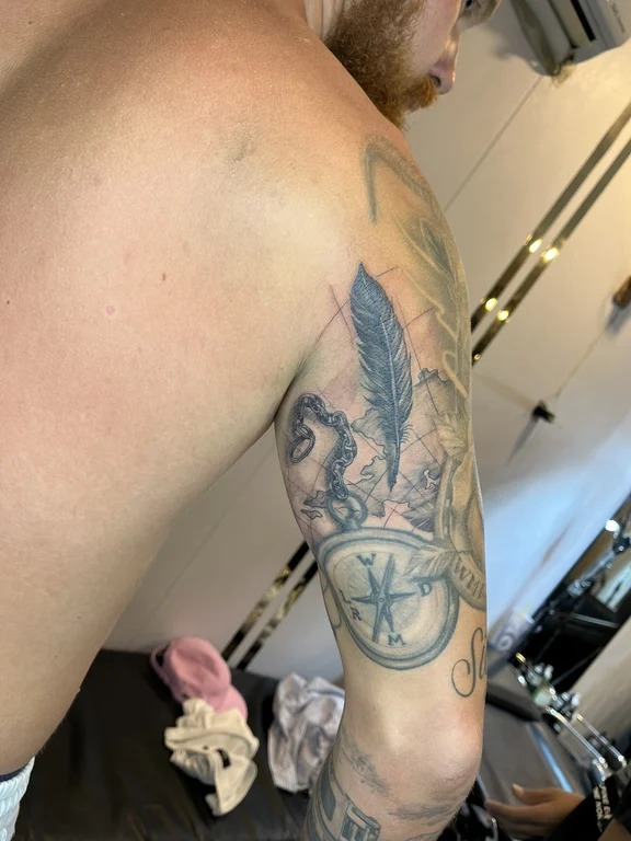 religious new school angel linework spiritual black grey soft shading mystical tattoo Canggu Bali