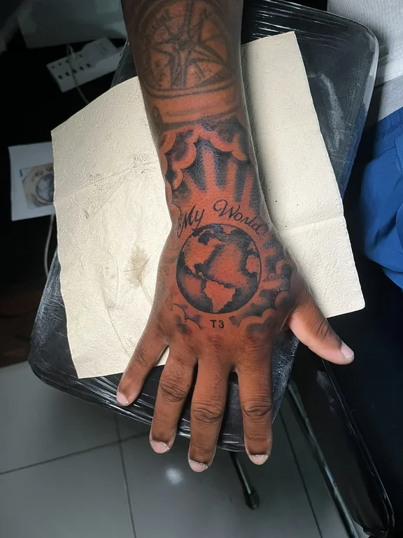 religious new school hand heavy shading spiritual black grey soft shading sun tattoo Canggu Bali