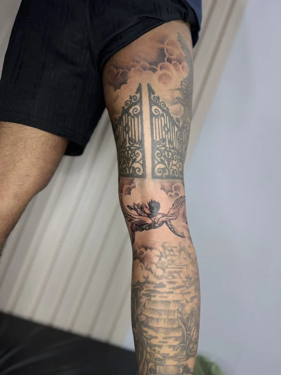 religious new school man heavy shading spiritual black grey elegant linework tattoo Canggu Bali