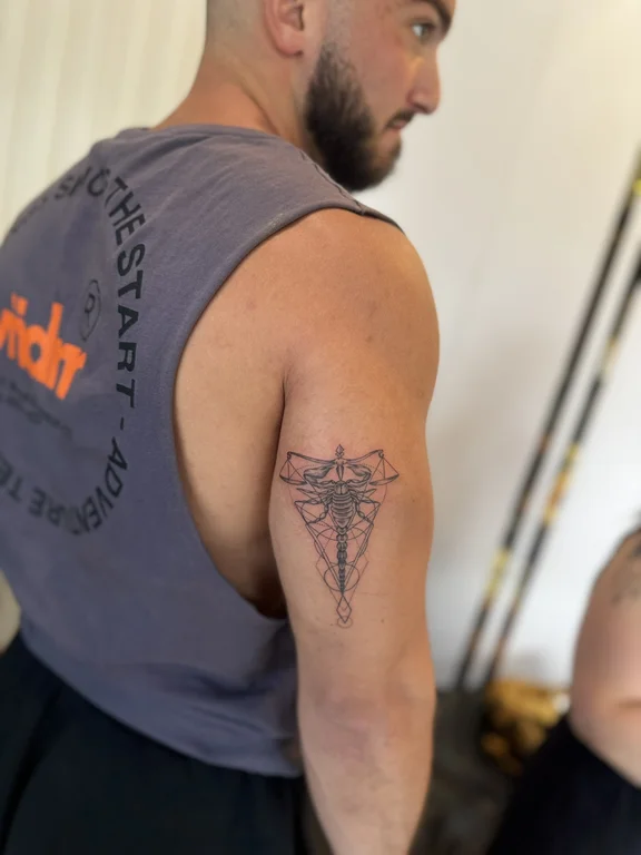 religious new school man linework spiritual dotwork fine line black grey tattoo Canggu Bali