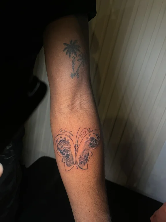 symbol new school butterfly dotwork elegant black grey linework soft shading tattoo Canggu Bali
