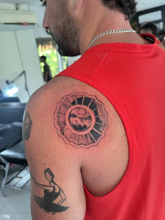symbol new school man dotwork sun cloud linework fire tattoo Canggu Bali