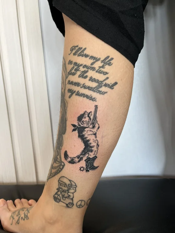lettering old school tiger soft shading elegant black grey heavy shading fine line tattoo Canggu Bali