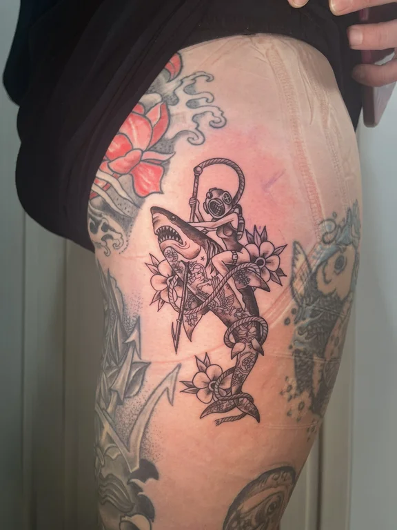 mythology old school demon linework horror deity black grey heavy shading tattoo Canggu Bali