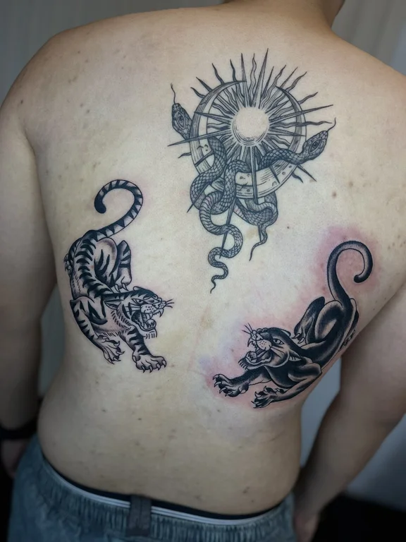 animal dotwork demon black grey spiritual linework mystical sun tattoo Canggu Bali