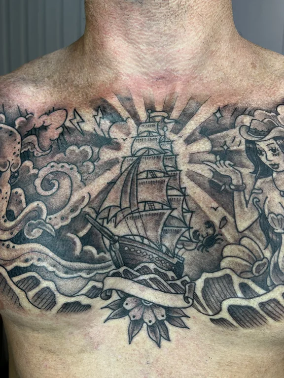 religious old school man black grey cloud heavy shading soft shading wave tattoo Canggu Bali