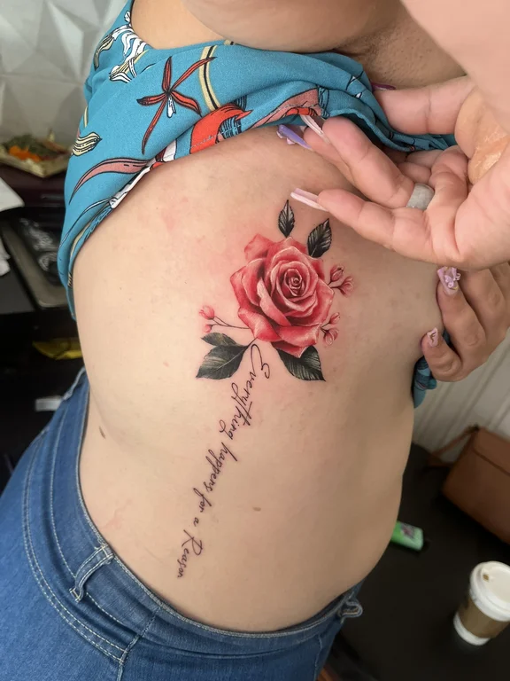 floral realism rose soft shading elegant fine line peony colorful tattoo Canggu Bali